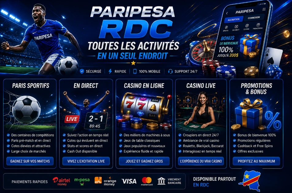 Paripesa RDC activités disponibles paris sportifs casino live et bonus